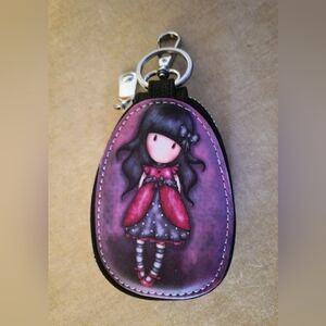 NEW Purple Doll Illustration Leather Keychain Pouch with Black Trim